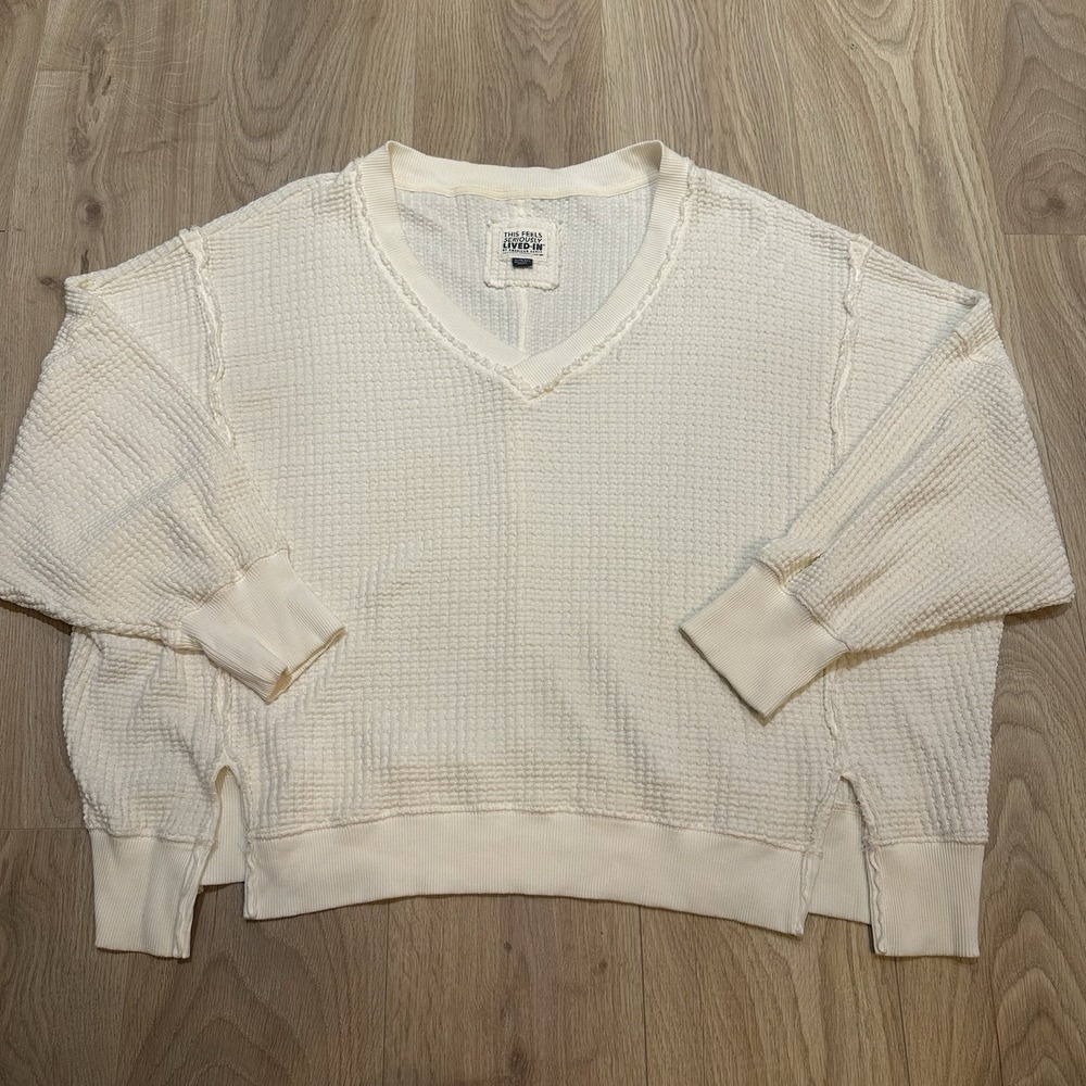 American Eagle Big Hug Sweatshirt Women White Waffle V Neck Oversized Cozy Sz XL